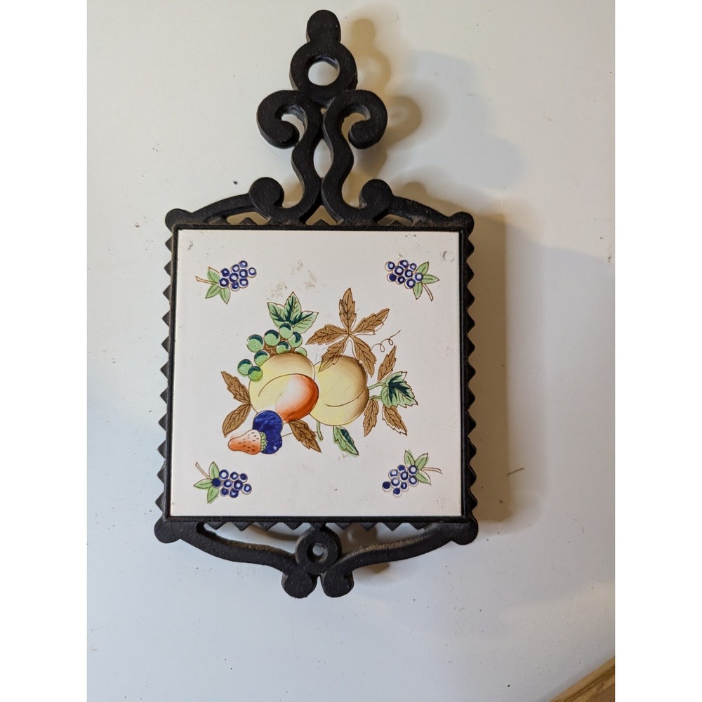 Vintage made in Japan peaches grapes tile / cast iron kitchen trivet